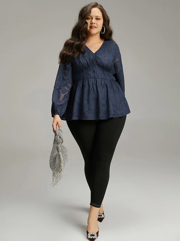 Floral Mesh Elastic Waist Button Detail Blouse - Image 4