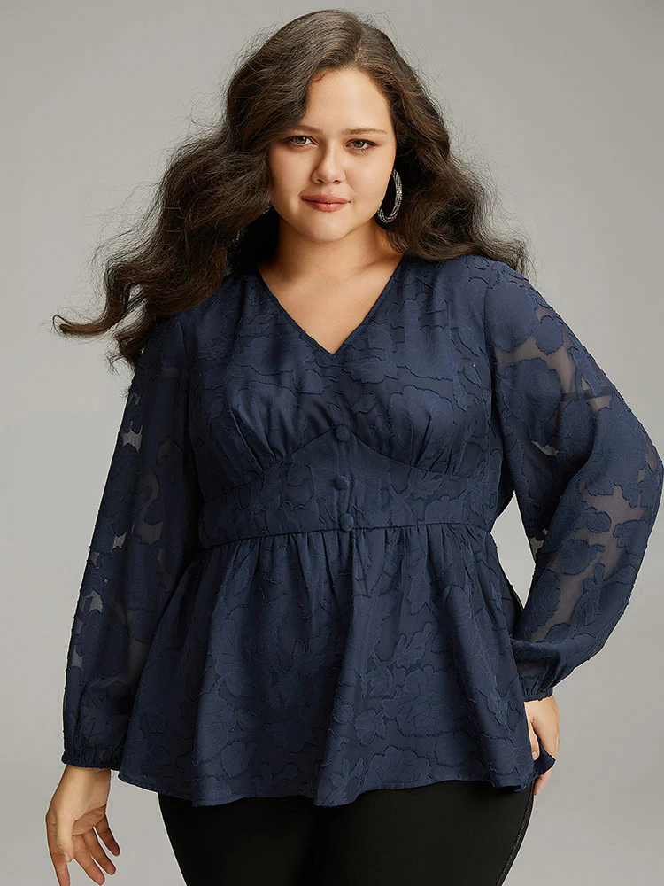 Floral Mesh Elastic Waist Button Detail Blouse - Image 5