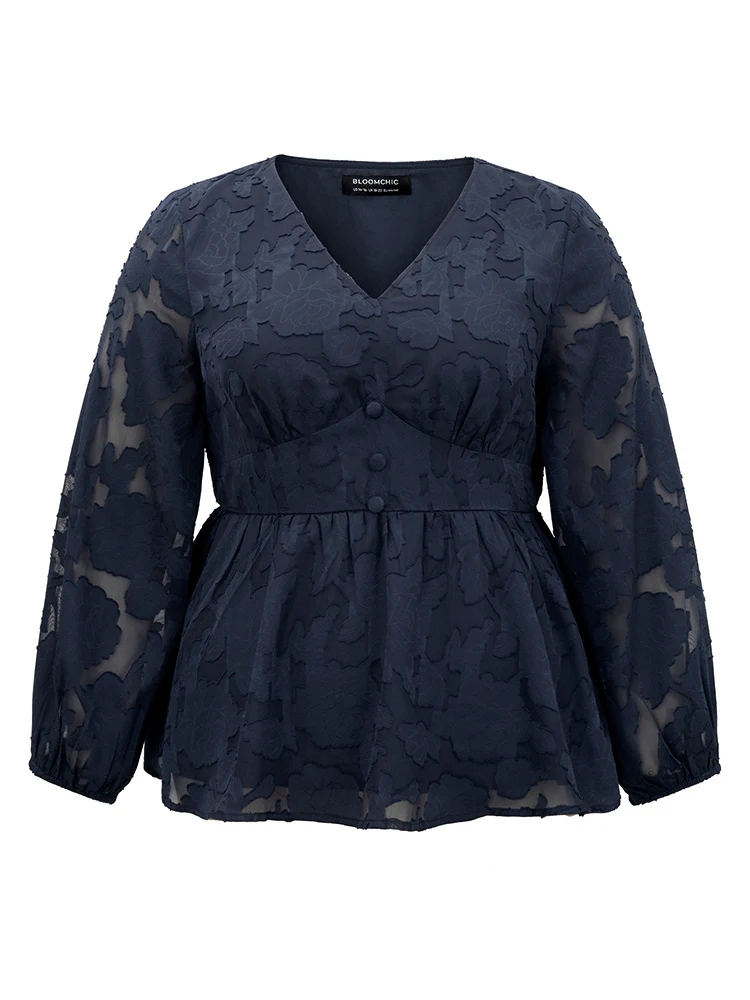 Floral Mesh Elastic Waist Button Detail Blouse - Image 9