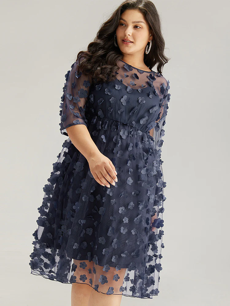 Floral Embroidered Mesh Elastic Waist Crew Neck Dress - Image 3