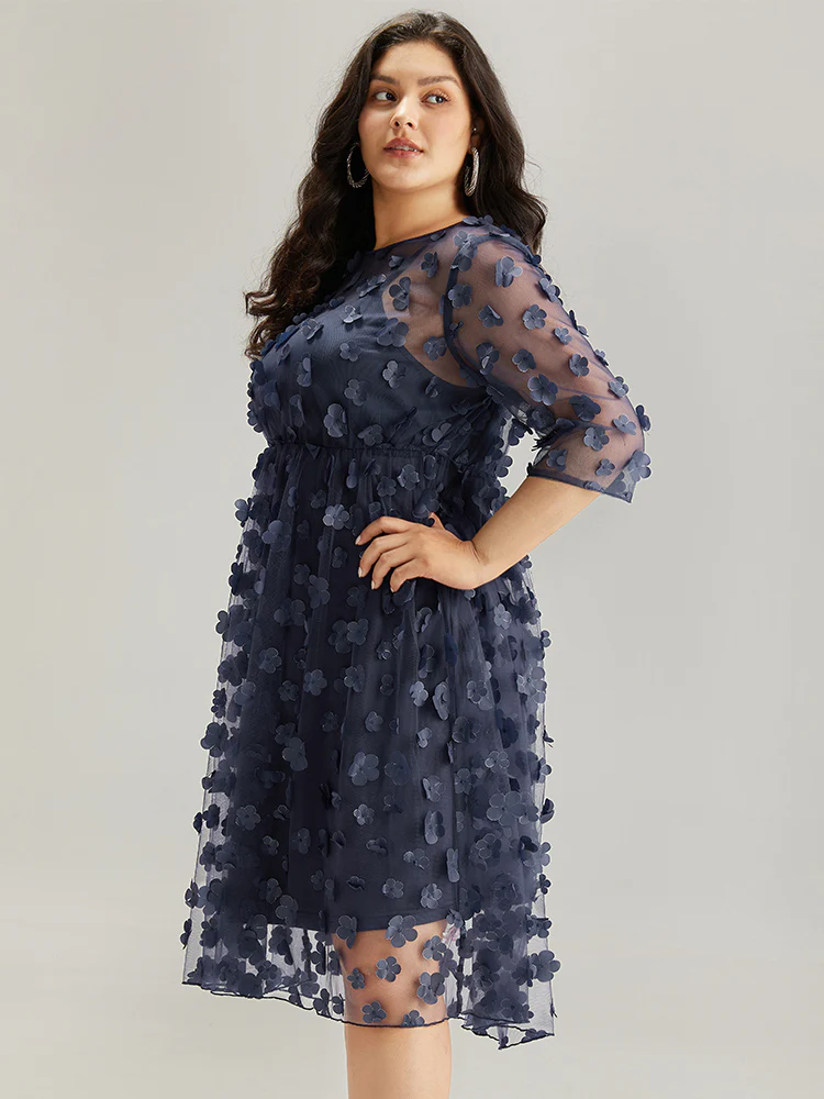 Floral Embroidered Mesh Elastic Waist Crew Neck Dress - Image 4