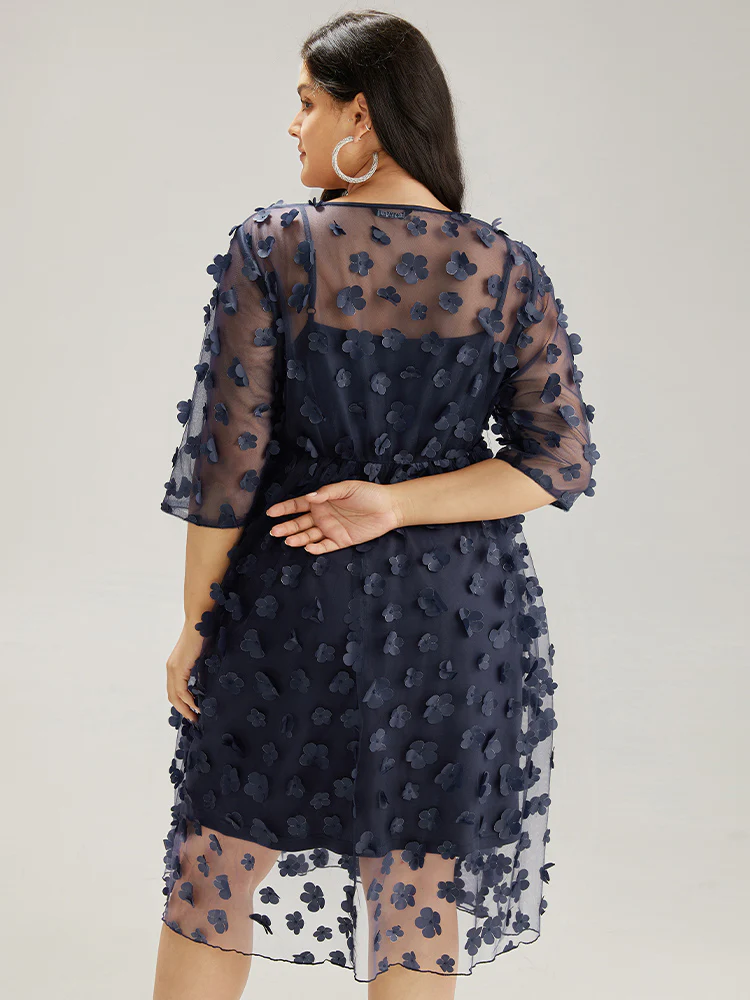 Floral Embroidered Mesh Elastic Waist Crew Neck Dress - Image 5