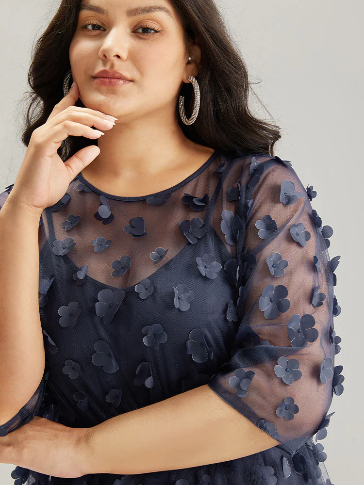 Floral Embroidered Mesh Elastic Waist Crew Neck Dress - Image 7