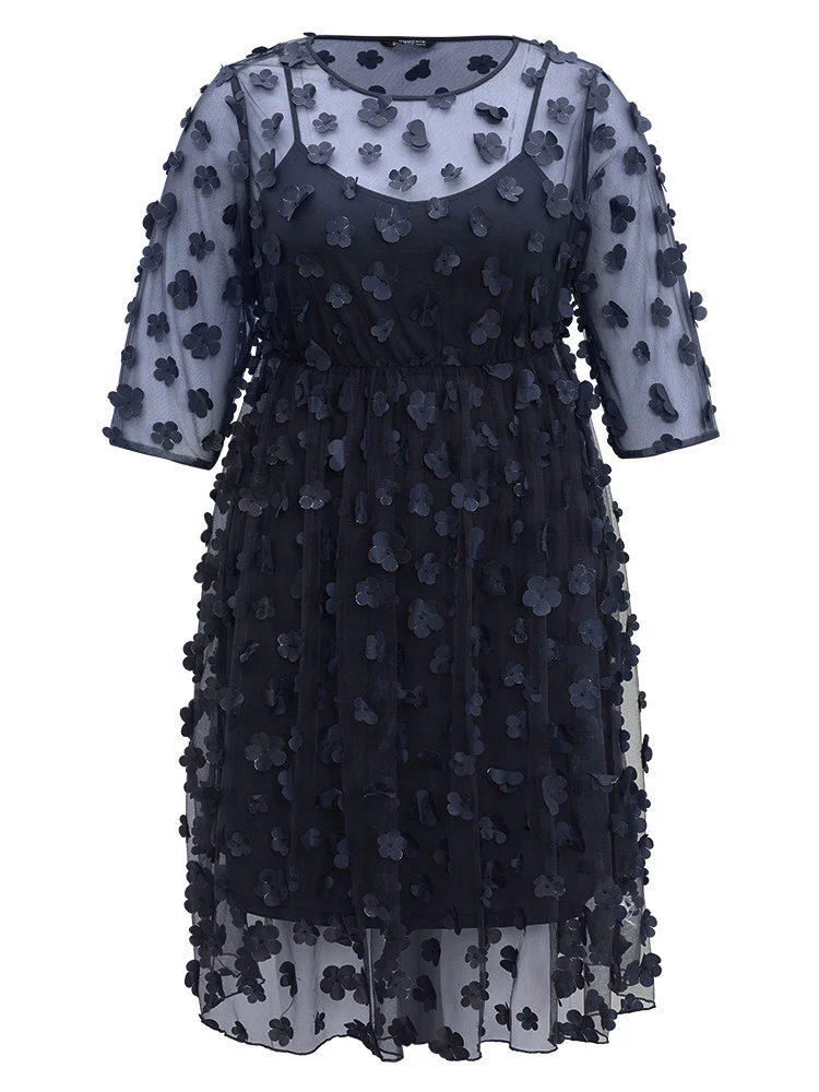 Floral Embroidered Mesh Elastic Waist Crew Neck Dress - Image 8