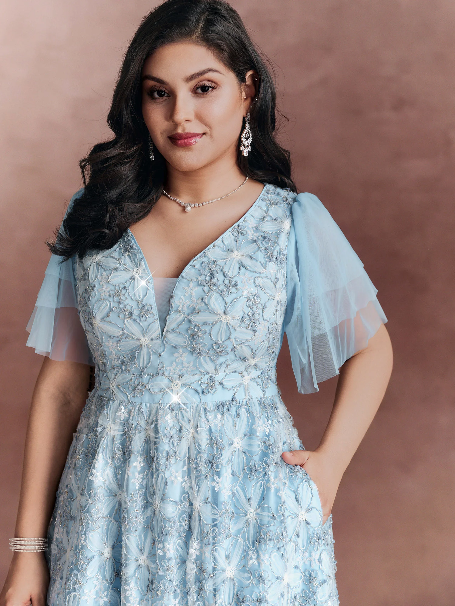 Floral Mesh Embroidered Lotus Leaf Sleeve Midi Dress - Image 2