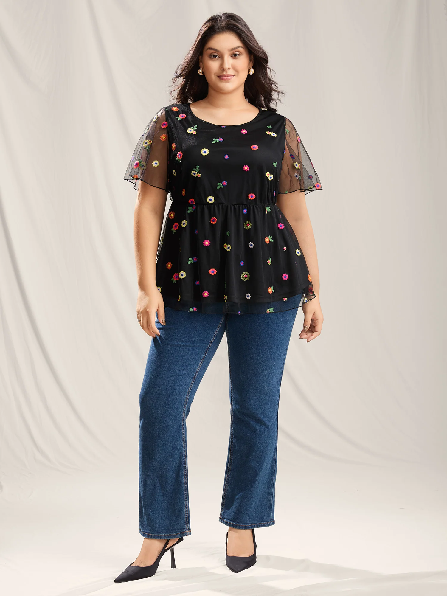 Floral Mesh Embroidery Babydoll Blouse - Image 3