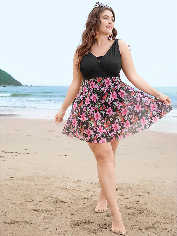 Floral Mesh Hem Crisscross Front Wrap Swim Dress - Image 5