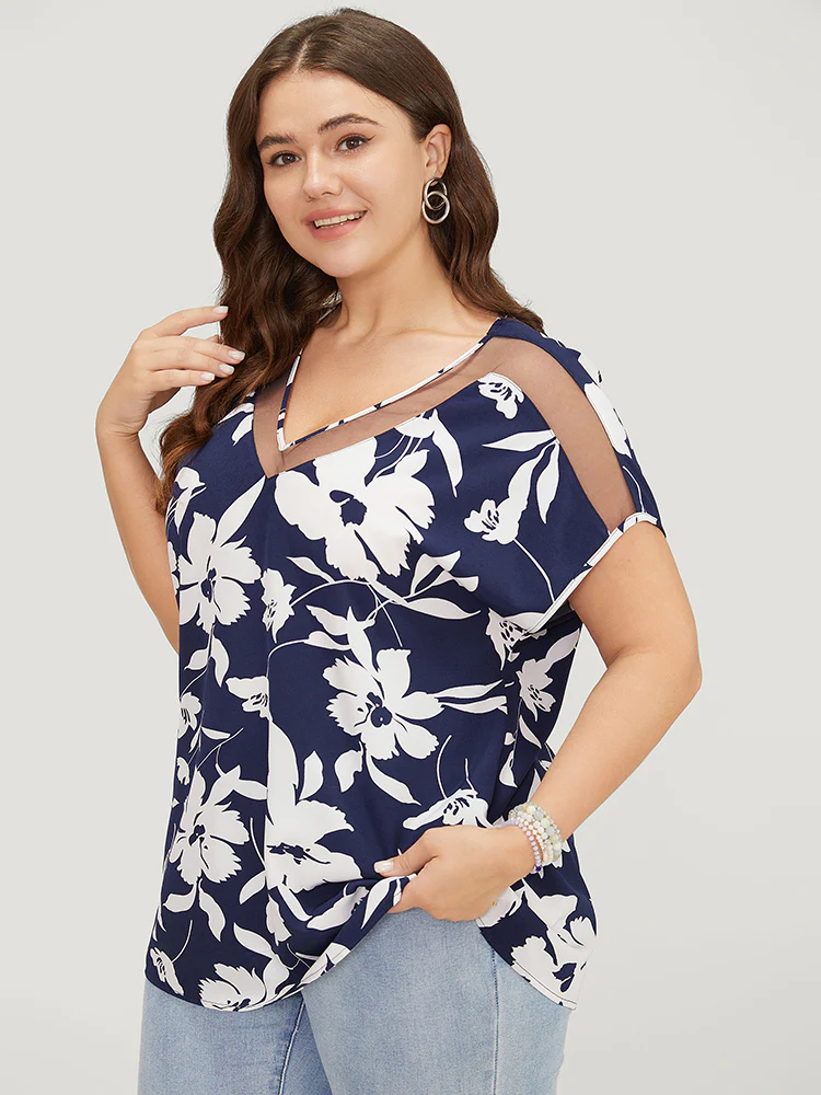 Floral Mesh Insert Dolman Sleeve Blouse - Image 2