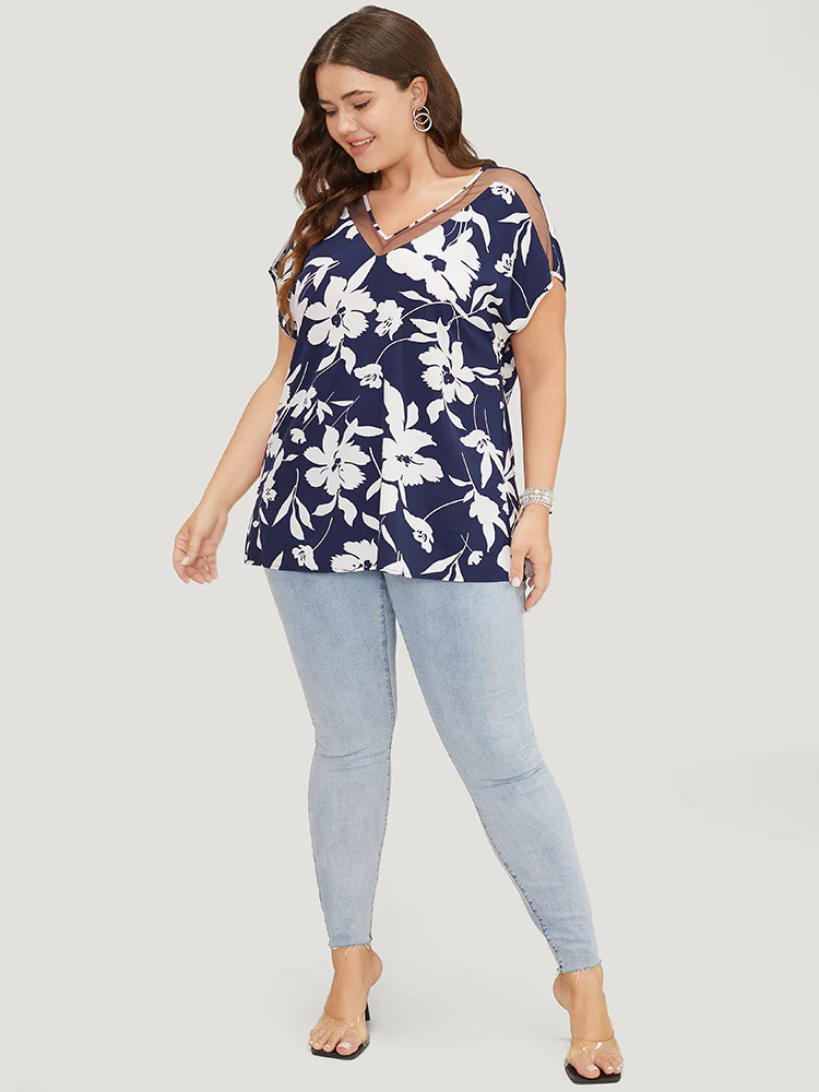 Floral Mesh Insert Dolman Sleeve Blouse - Image 3