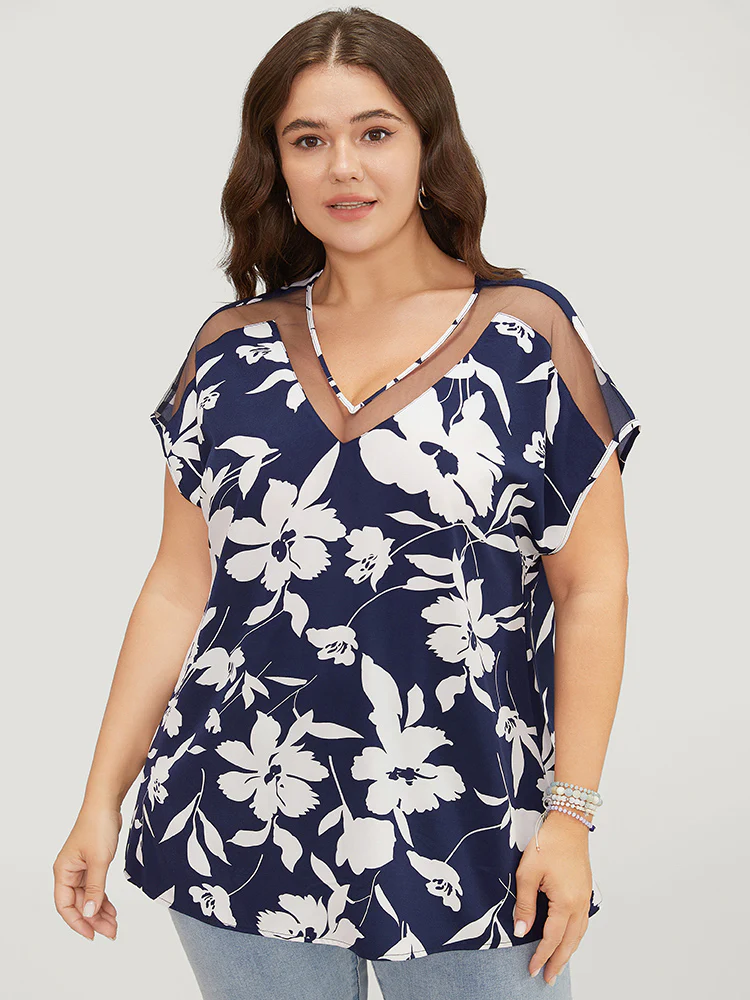 Floral Mesh Insert Dolman Sleeve Blouse - Image 5