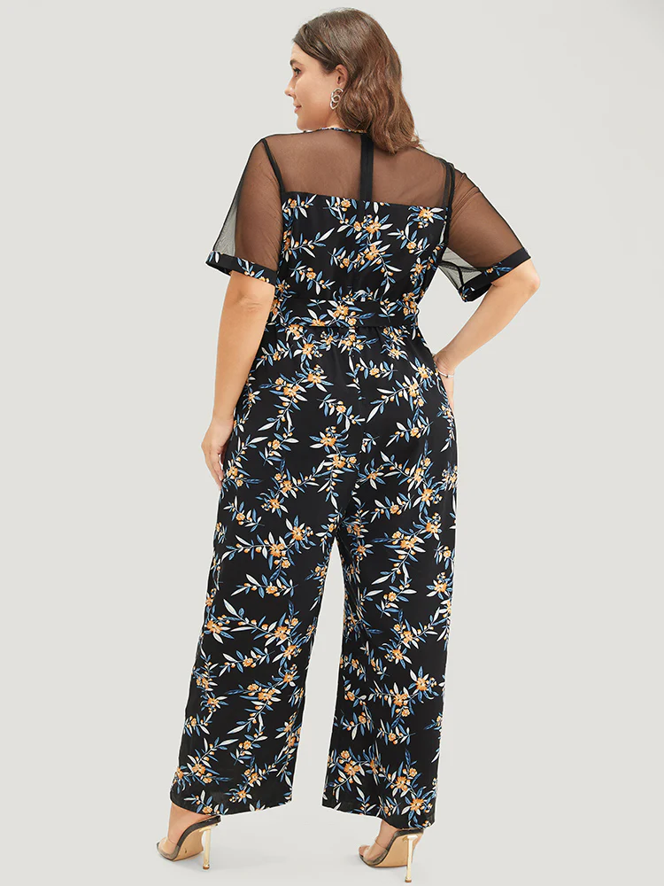 Floral Mesh Patchwork Crew Neck Pocket Belted Jumpsuit - Image 2