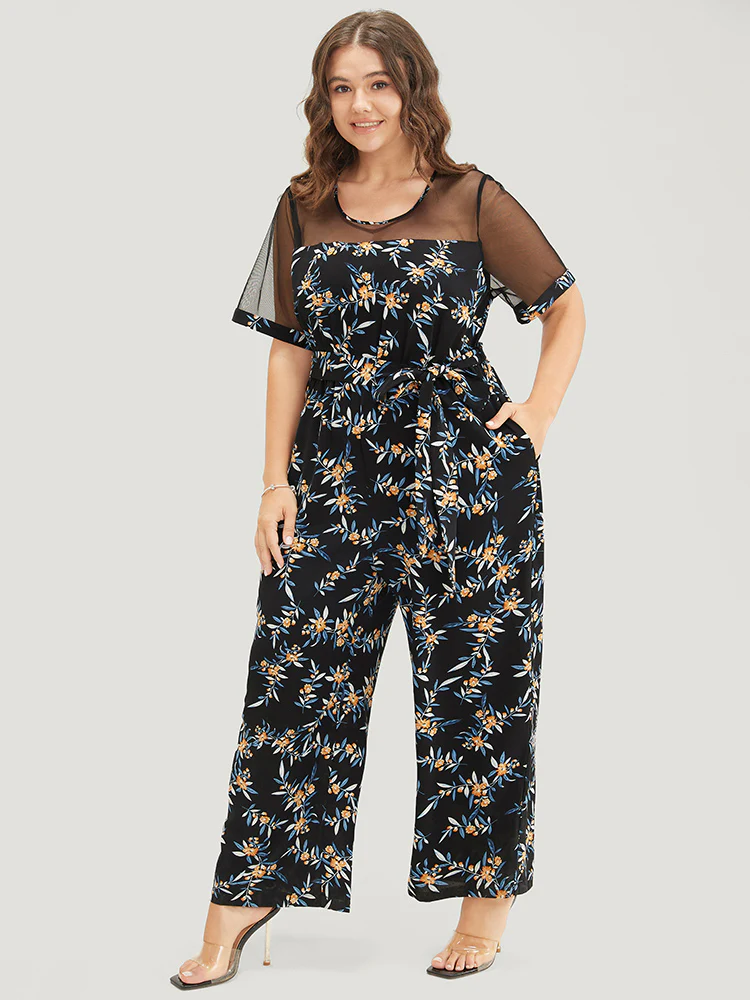 Floral Mesh Patchwork Crew Neck Pocket Belted Jumpsuit - Image 3