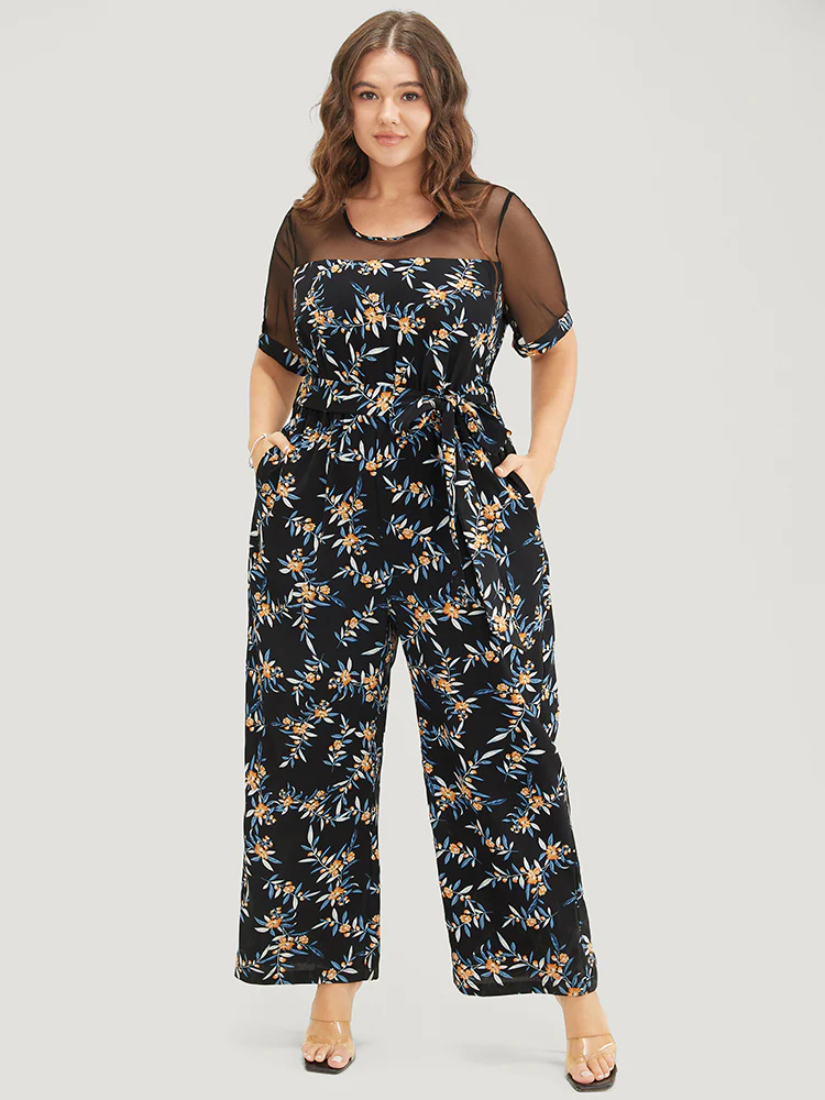 Floral Mesh Patchwork Crew Neck Pocket Belted Jumpsuit - Image 4