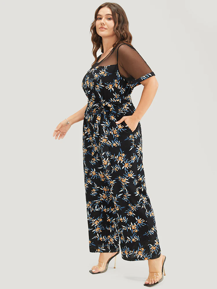 Floral Mesh Patchwork Crew Neck Pocket Belted Jumpsuit - Image 5