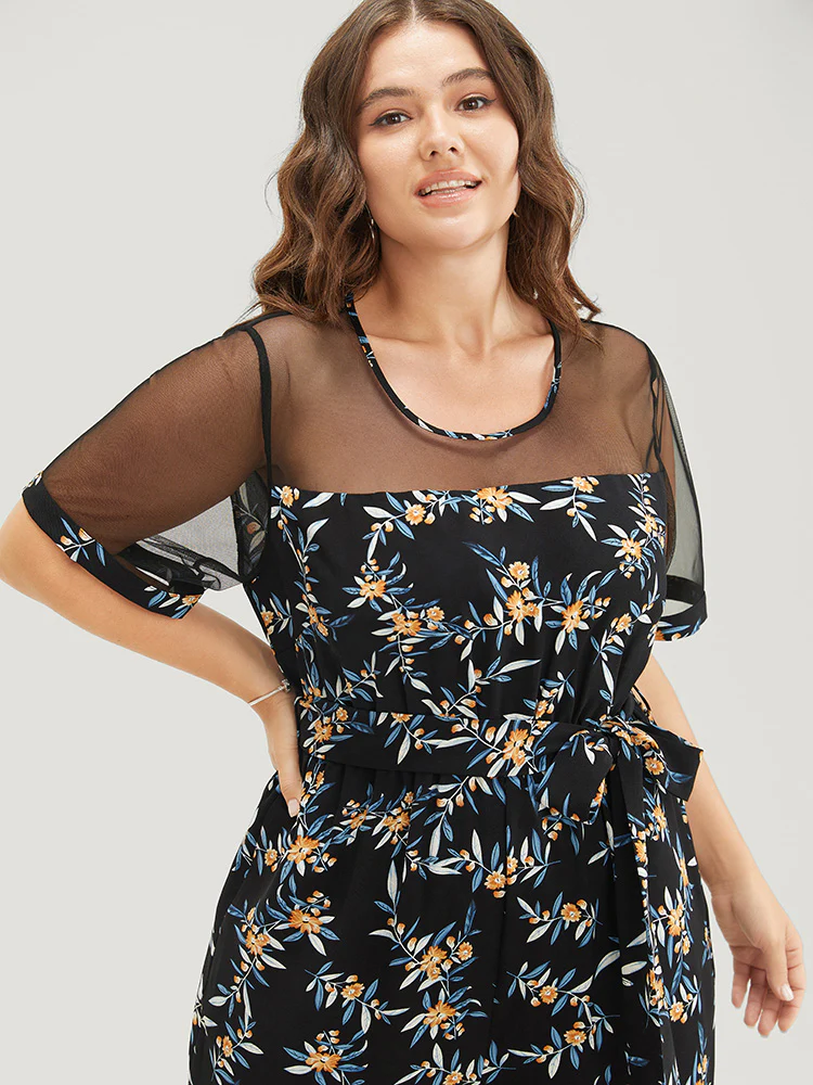 Floral Mesh Patchwork Crew Neck Pocket Belted Jumpsuit - Image 6