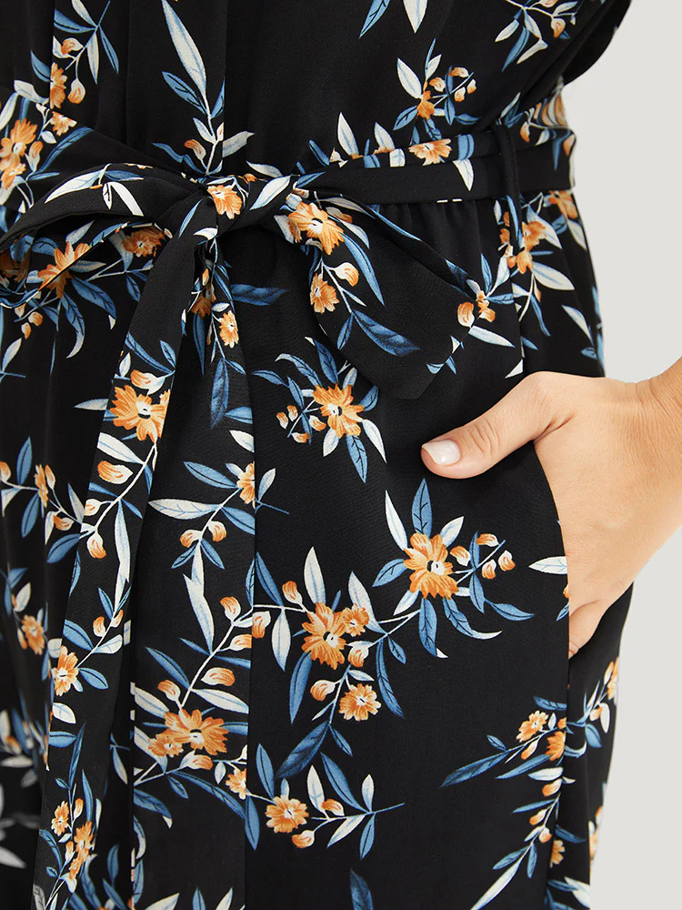 Floral Mesh Patchwork Crew Neck Pocket Belted Jumpsuit - Image 7