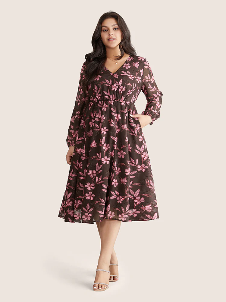 Floral Mesh Patchwork Lantern Sleeve Wrap Dress - Image 2