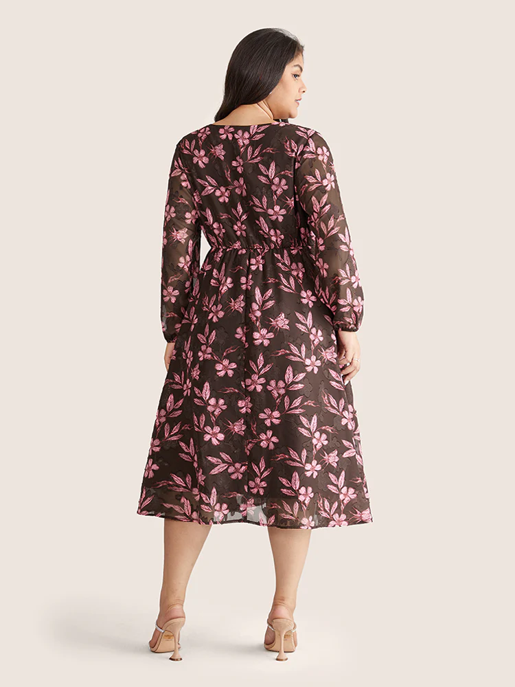 Floral Mesh Patchwork Lantern Sleeve Wrap Dress - Image 3