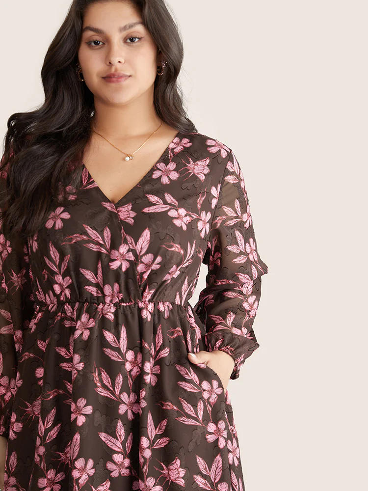 Floral Mesh Patchwork Lantern Sleeve Wrap Dress - Image 4