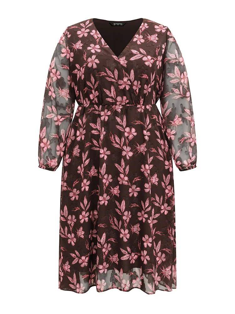 Floral Mesh Patchwork Lantern Sleeve Wrap Dress - Image 5