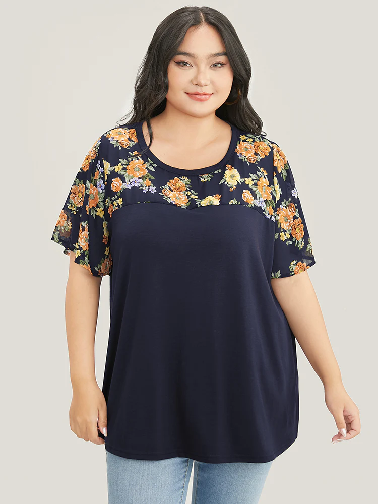 Floral Mesh Patchwork Ruffle Sleeve T-shirt - Image 2