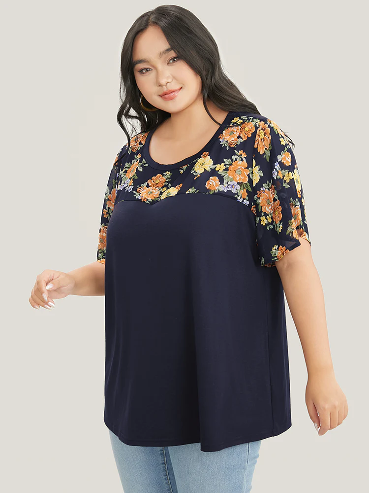 Floral Mesh Patchwork Ruffle Sleeve T-shirt - Image 3