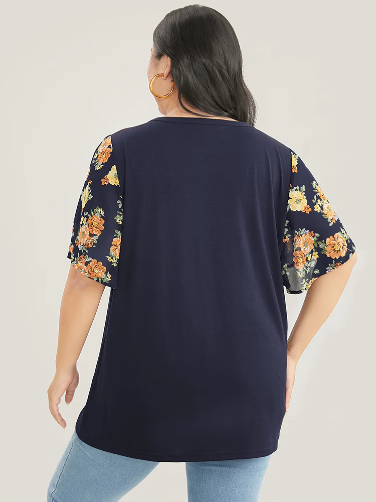 Floral Mesh Patchwork Ruffle Sleeve T-shirt - Image 4