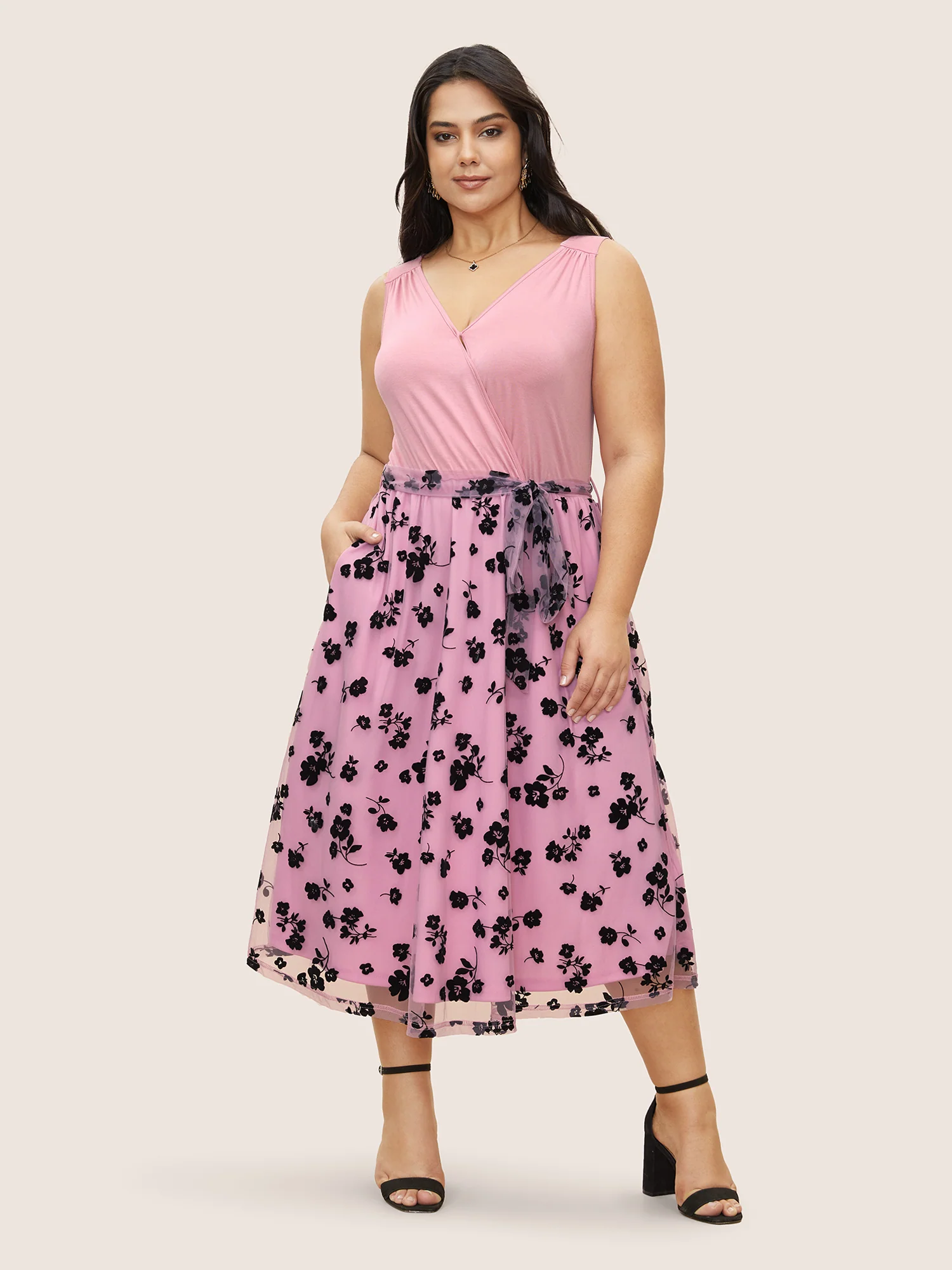 Floral Mesh Patchwork Surplice Neck Tank Dress - Image 2
