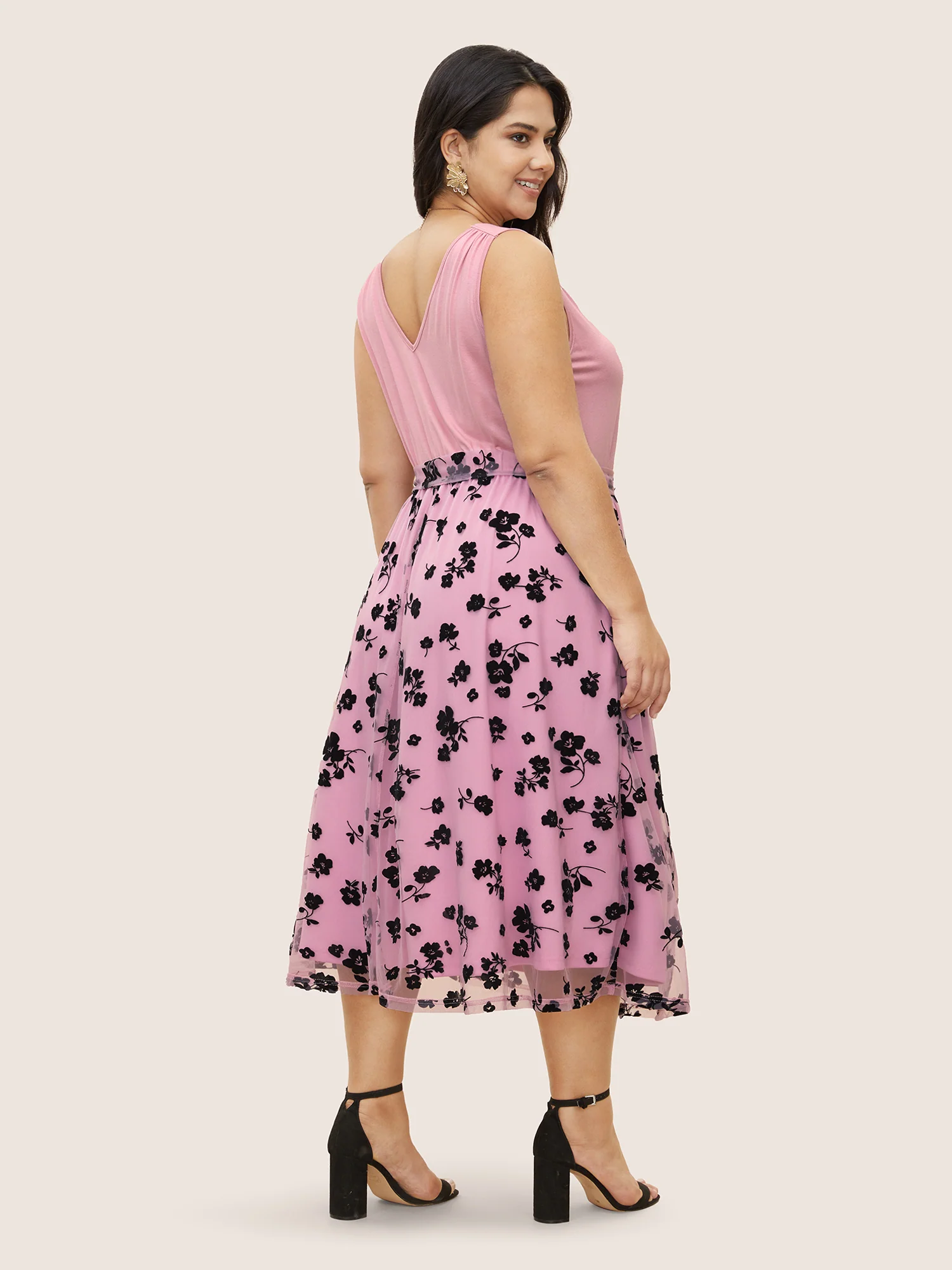 Floral Mesh Patchwork Surplice Neck Tank Dress - Image 3