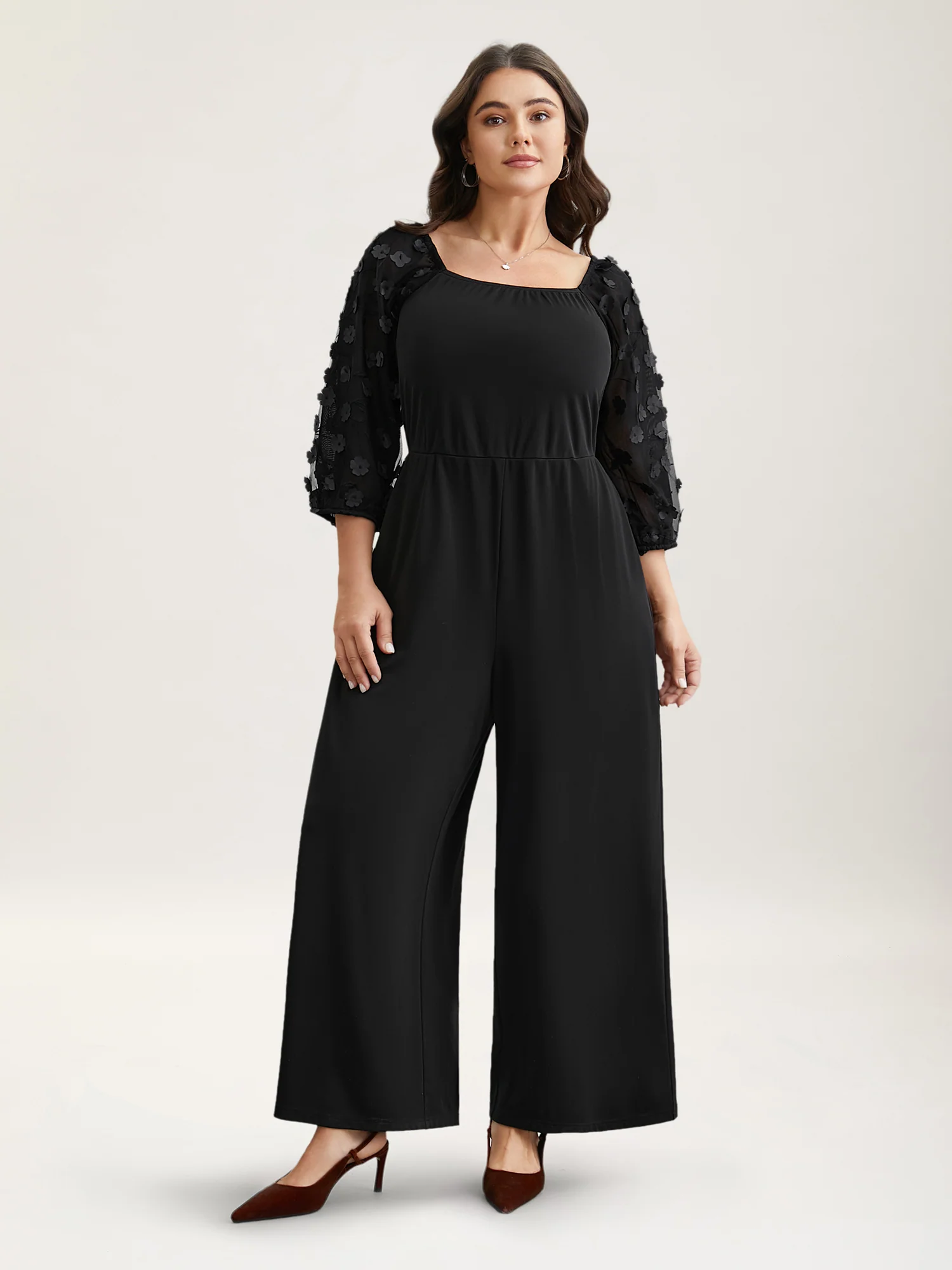 Floral Mesh Sleeve Pockets Straight-Leg Jumpsuit - Image 2