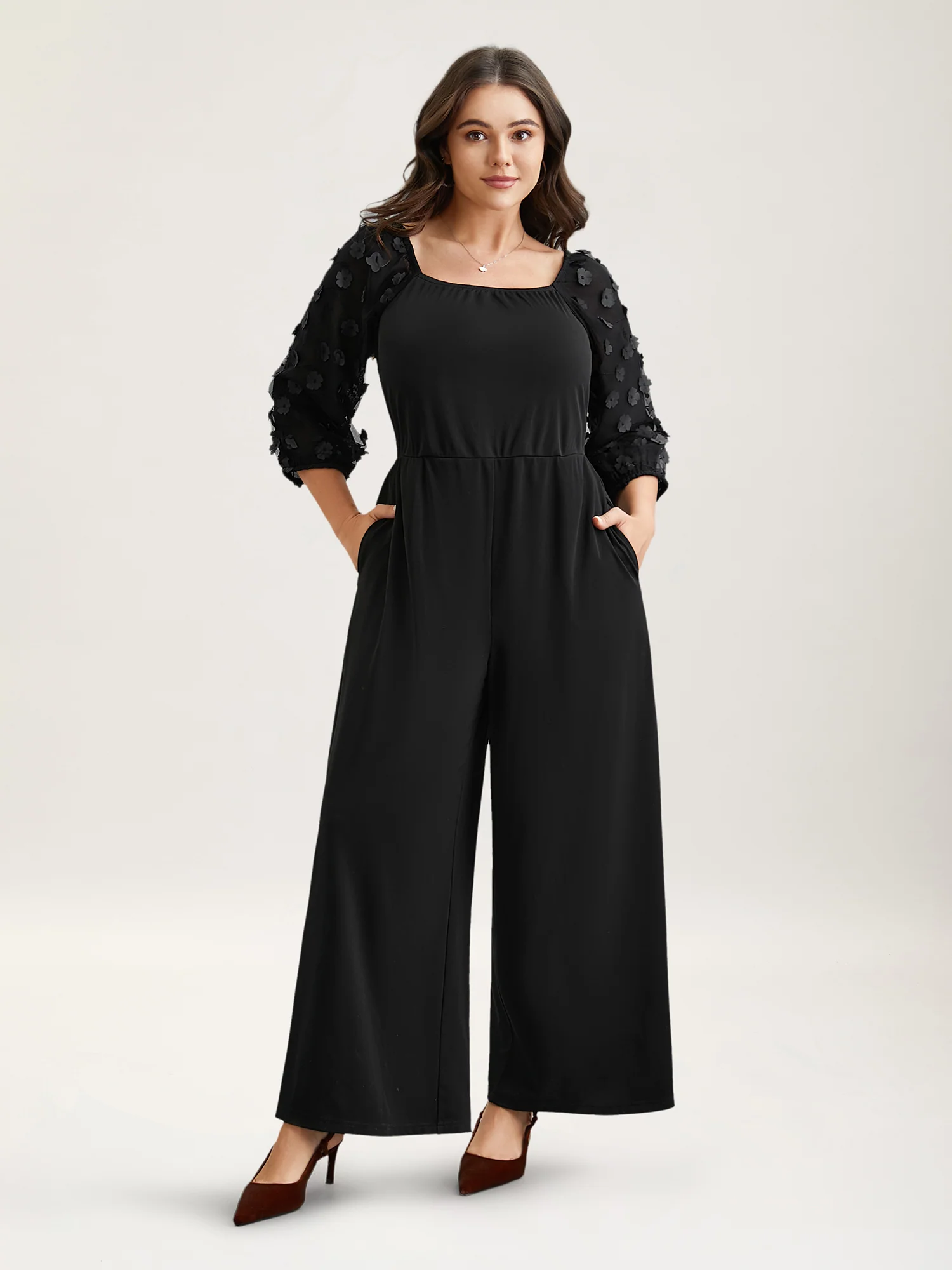 Floral Mesh Sleeve Pockets Straight-Leg Jumpsuit - Image 3