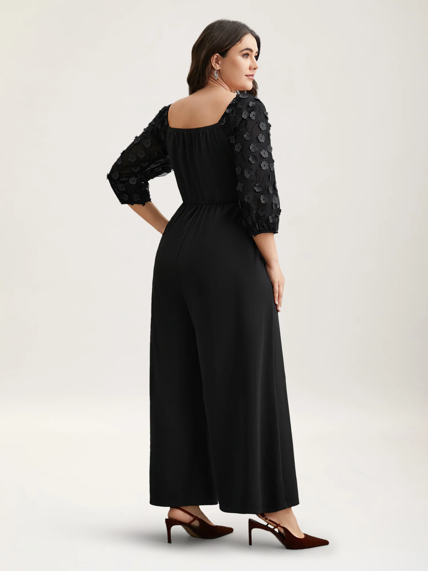 Floral Mesh Sleeve Pockets Straight-Leg Jumpsuit - Image 4