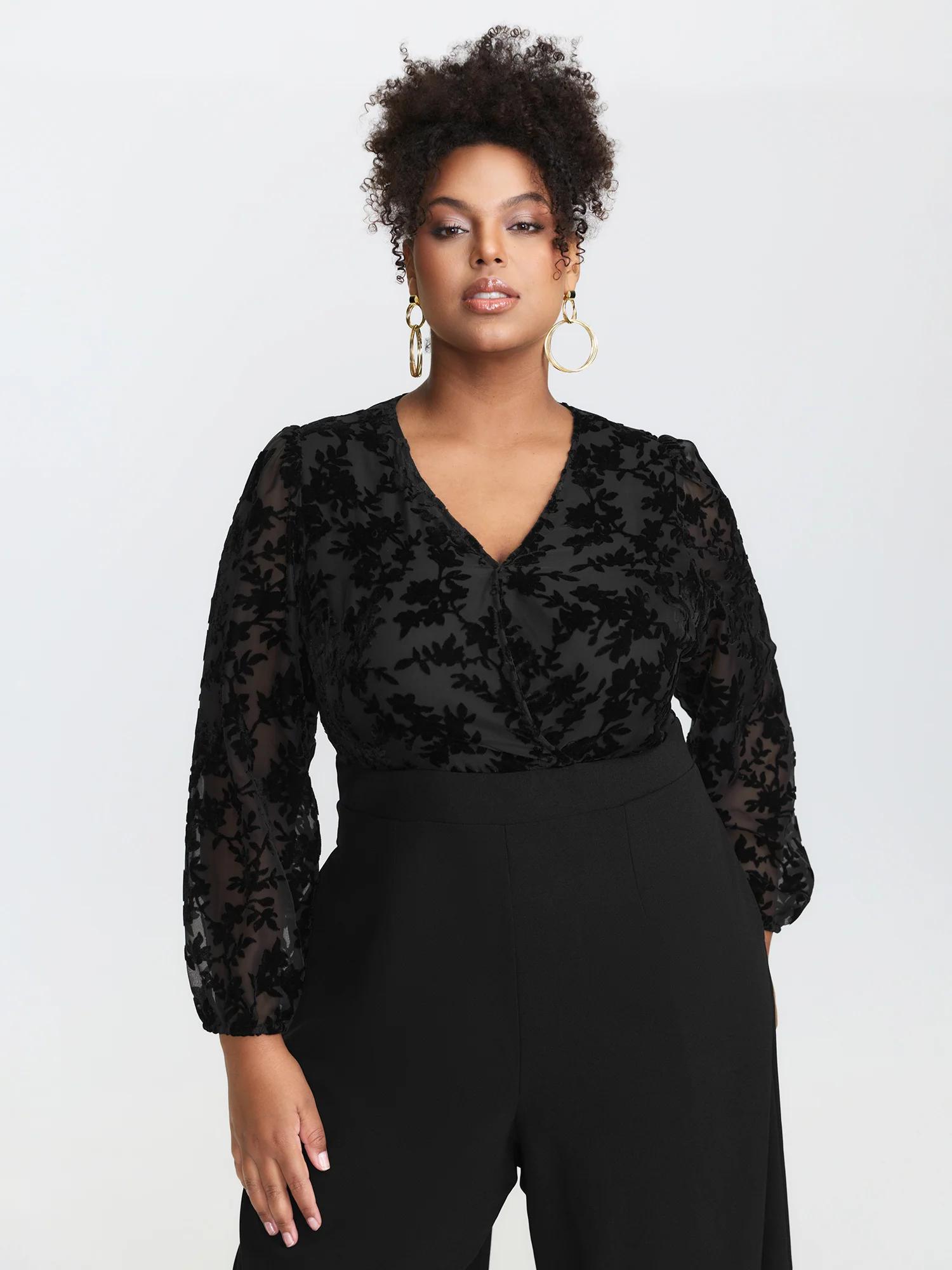 Floral Mesh Sleeve Surplice Flared Jumpsuit - Image 2