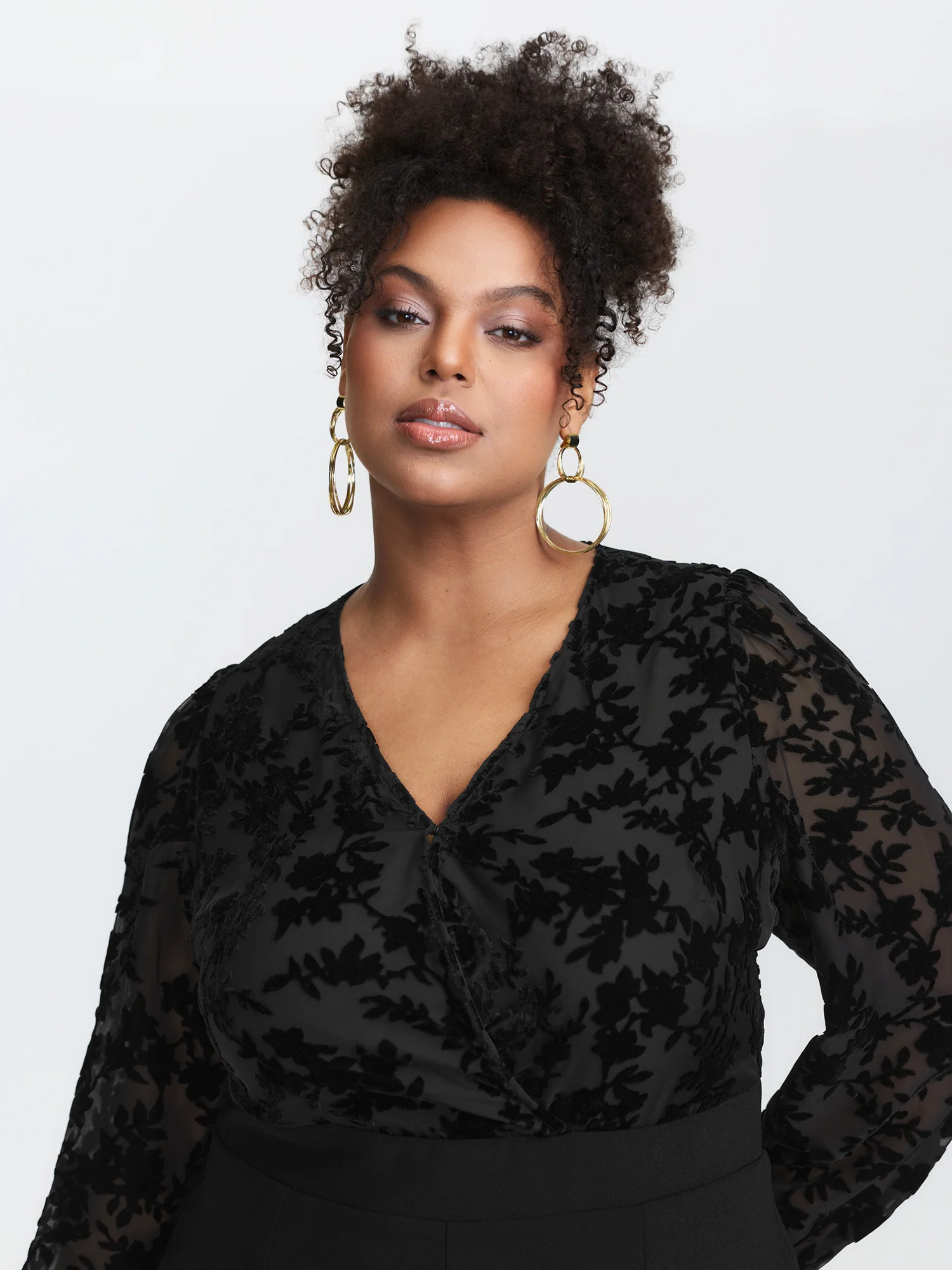Floral Mesh Sleeve Surplice Flared Jumpsuit - Image 3