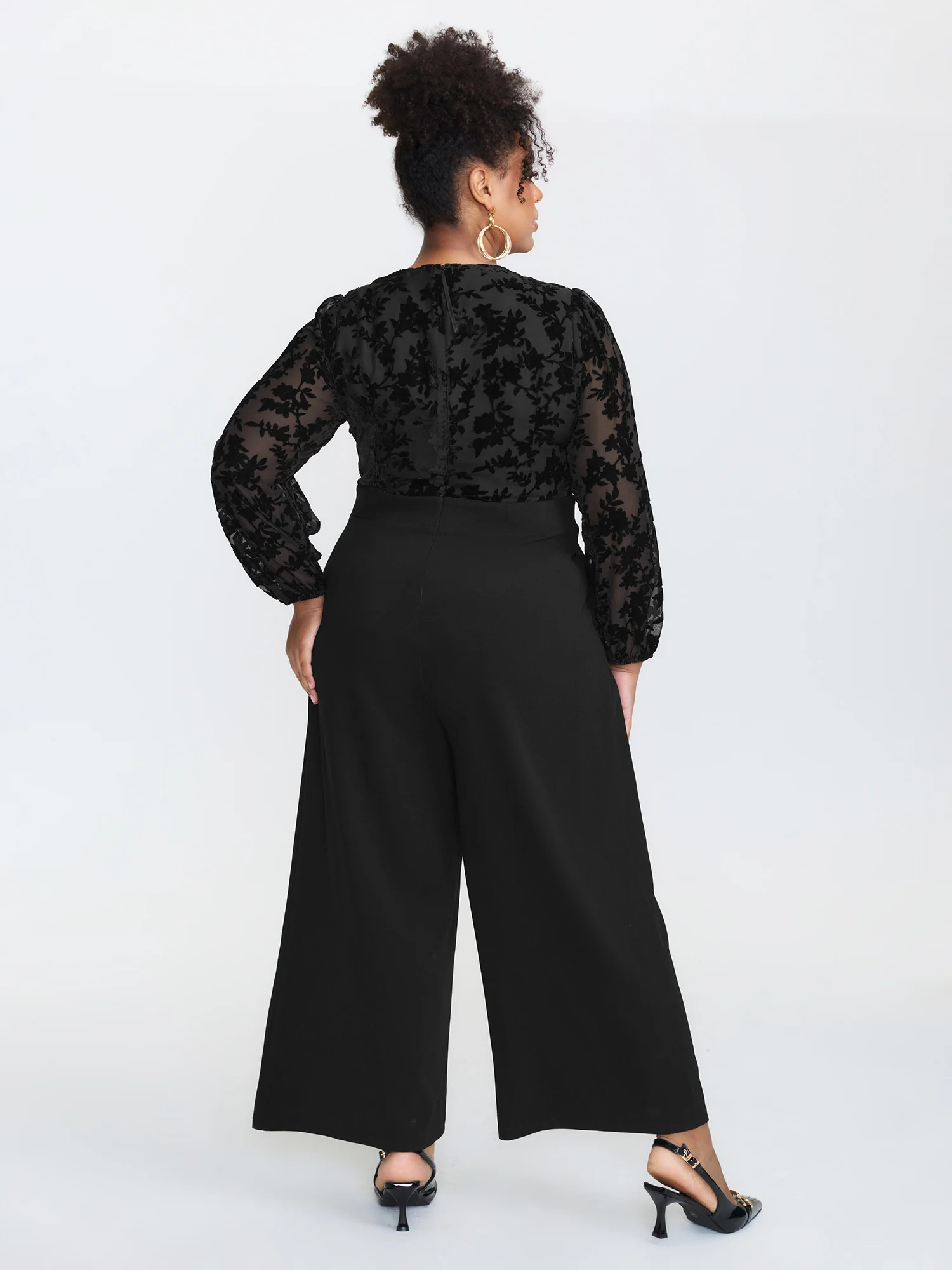 Floral Mesh Sleeve Surplice Flared Jumpsuit - Image 5