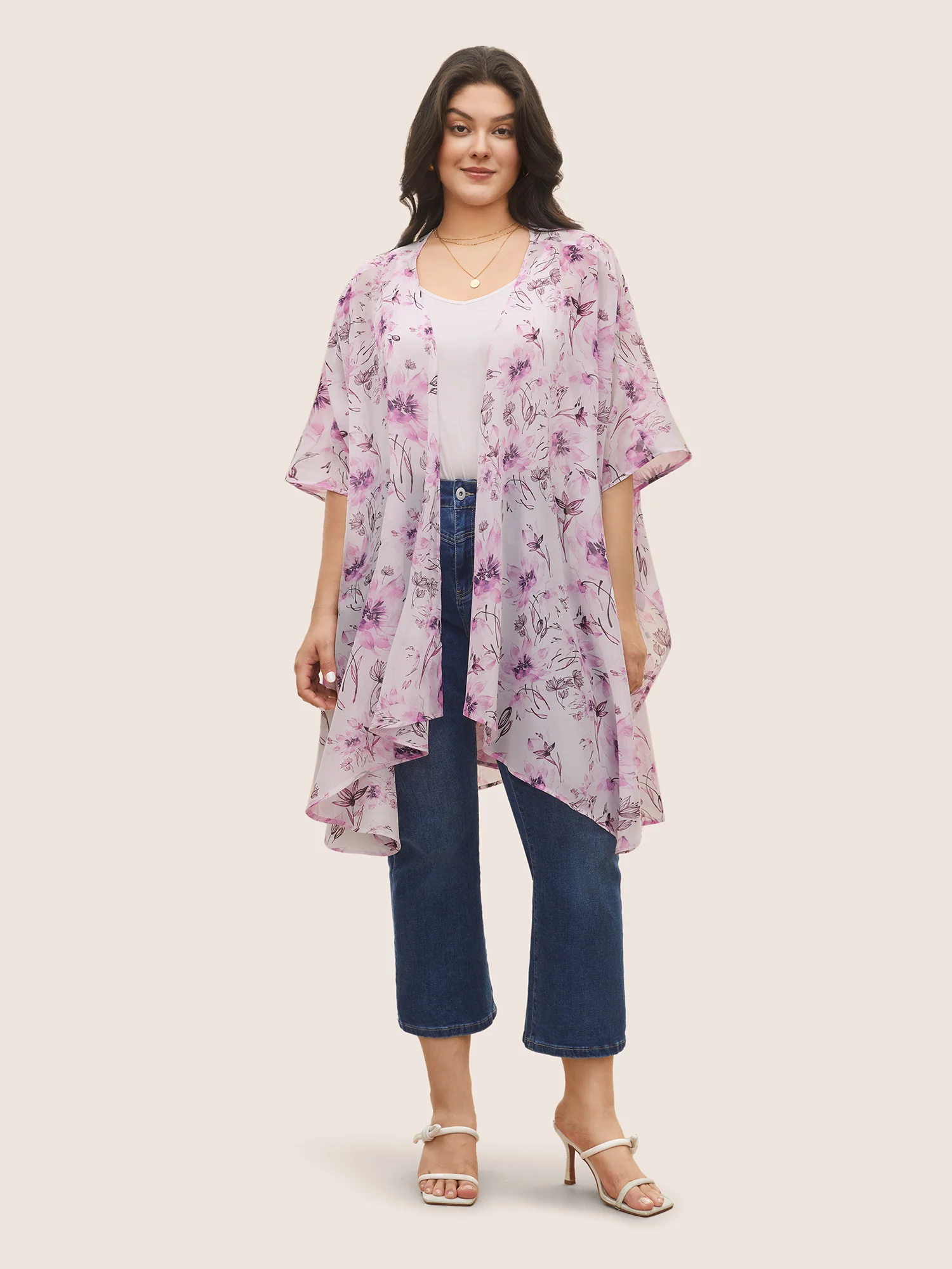 Floral Mesh Split Side Asymmetrical Hem Kimono - Image 2