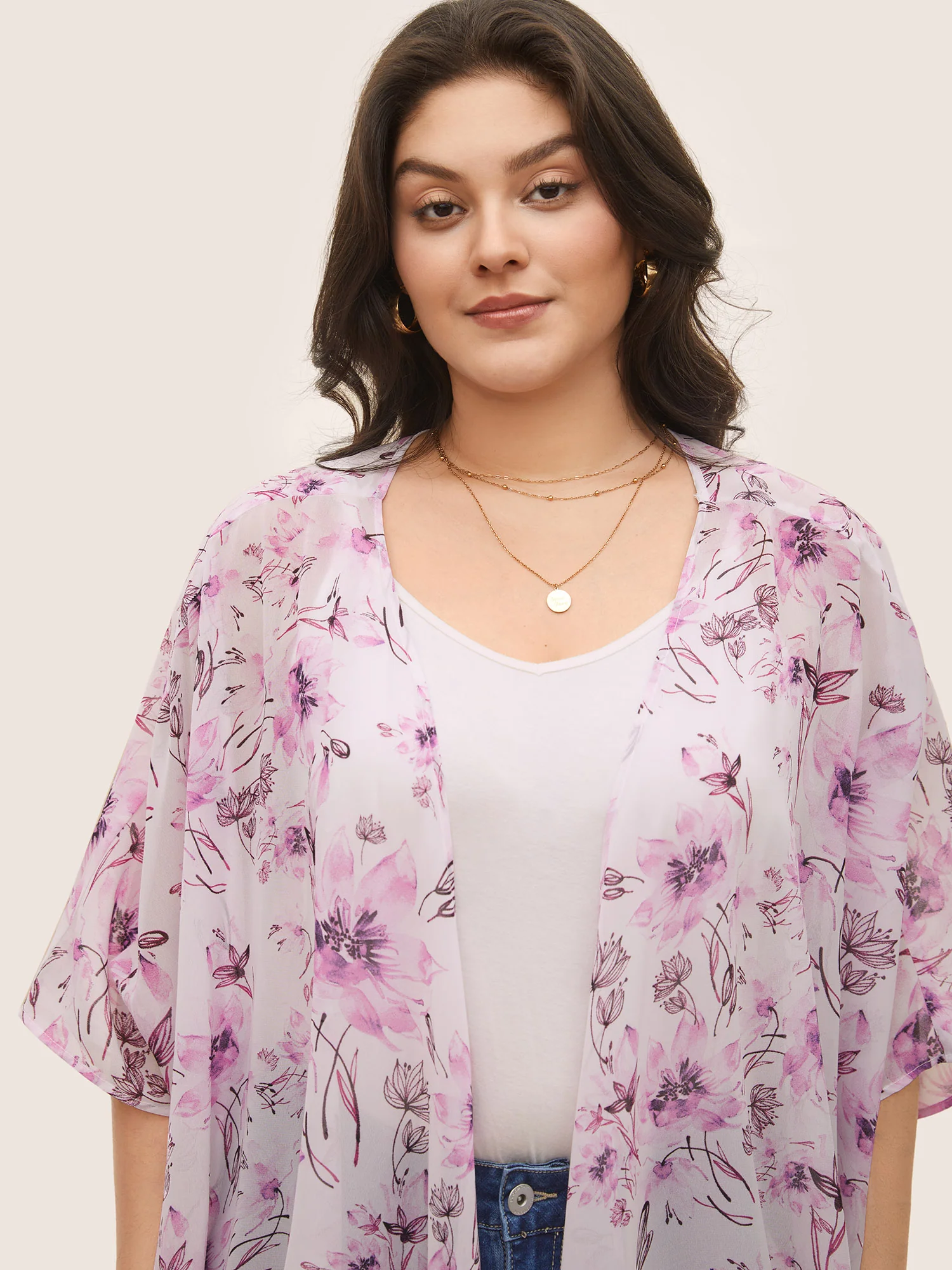Floral Mesh Split Side Asymmetrical Hem Kimono - Image 3