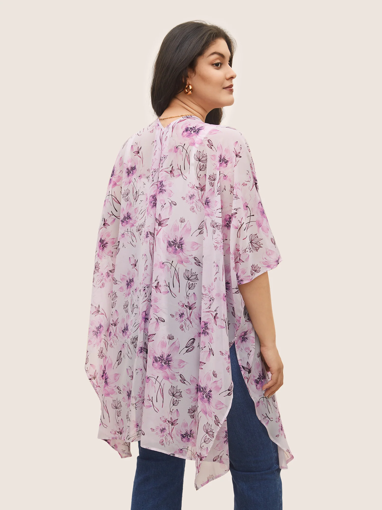 Floral Mesh Split Side Asymmetrical Hem Kimono - Image 4