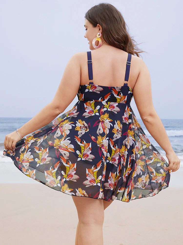 Floral Mesh Surplice Neck Ruffles Swim Dress - Image 2