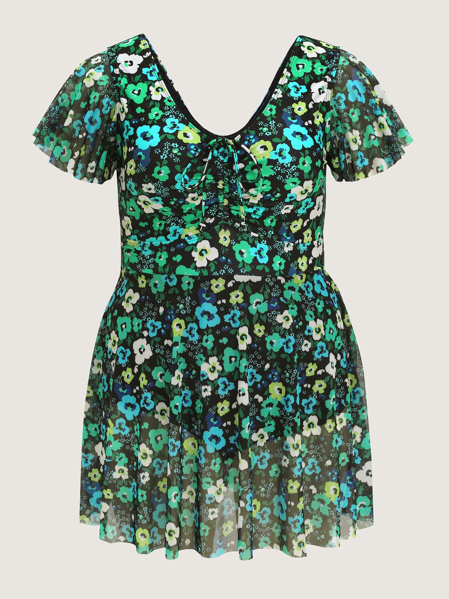 Floral Mesh Tie Front Swim Dress - Image 8