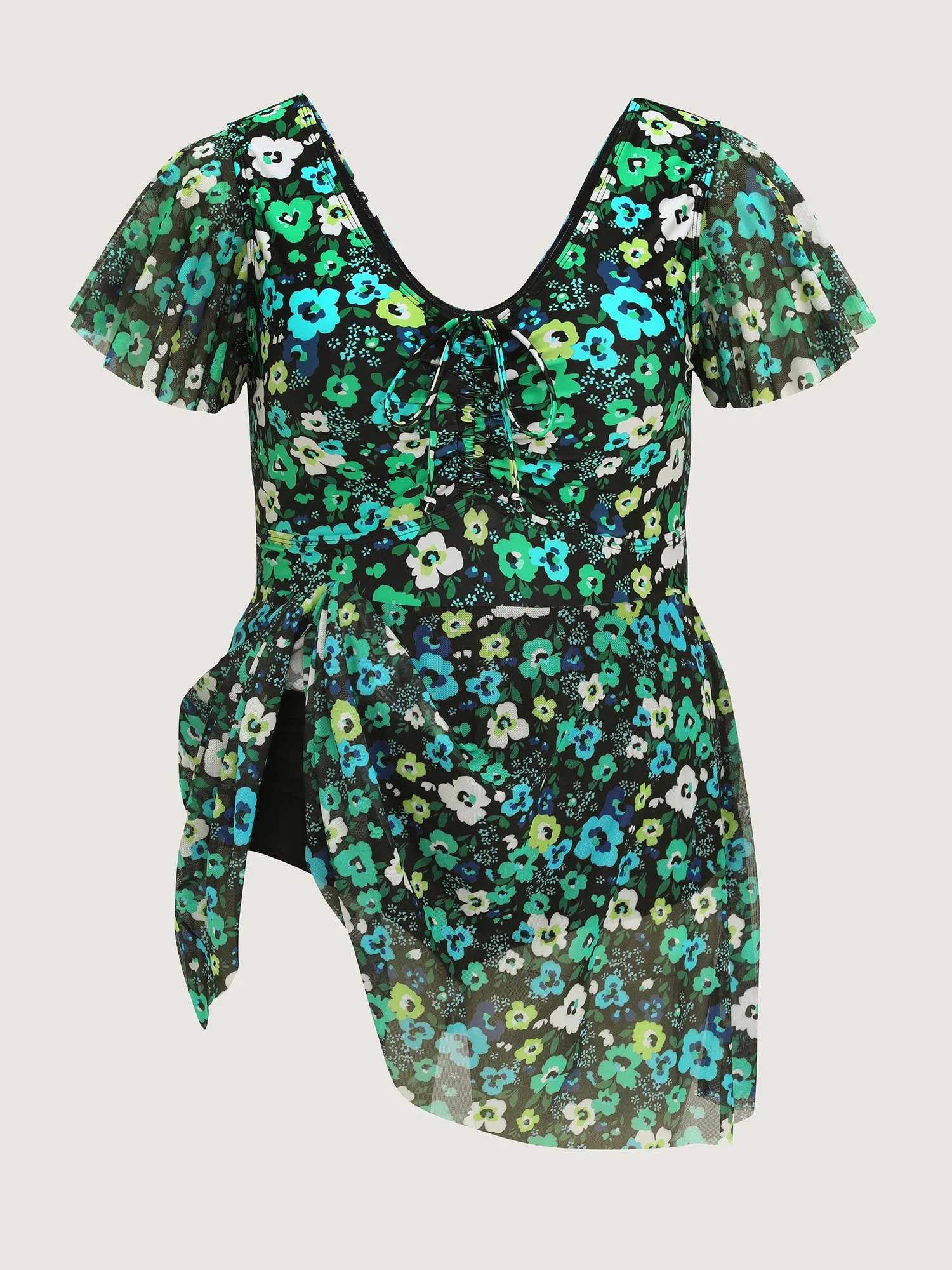 Floral Mesh Tie Front Swim Dress - Image 9