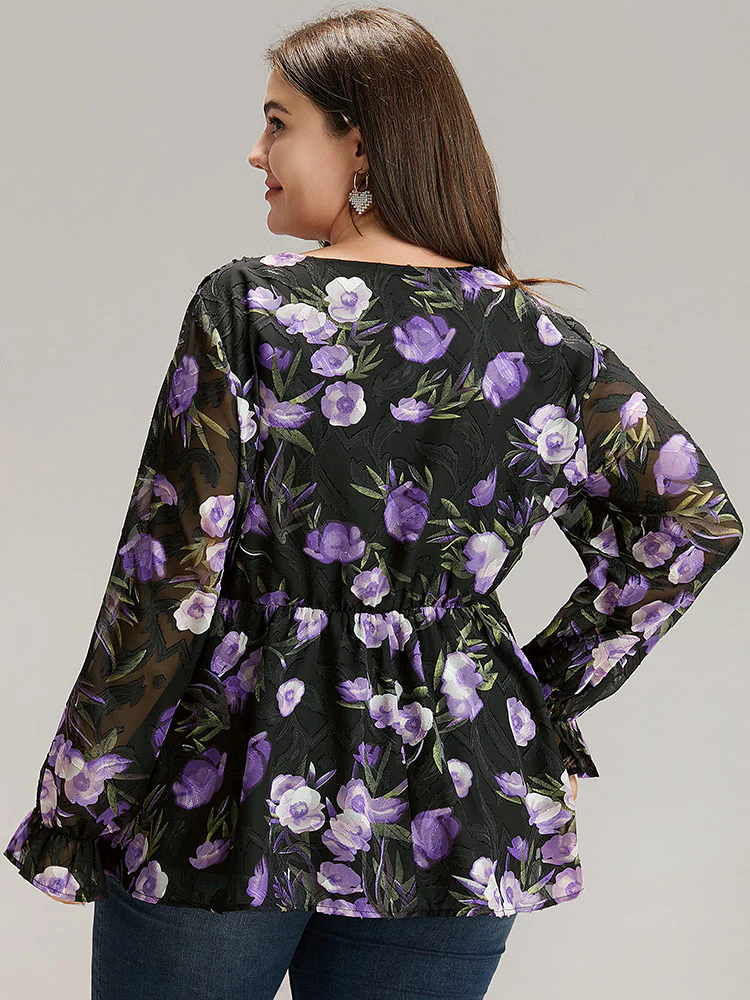 Chiffon Floral Mesh Wrap Ruffle Hem Blouse - Image 2