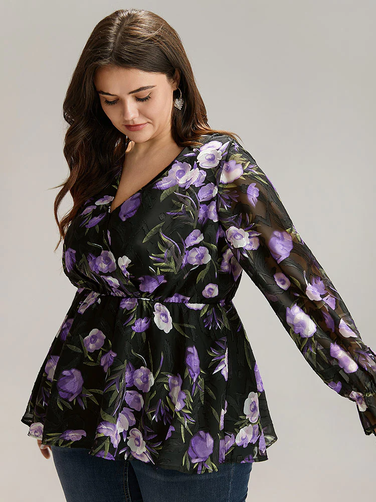 Chiffon Floral Mesh Wrap Ruffle Hem Blouse - Image 3