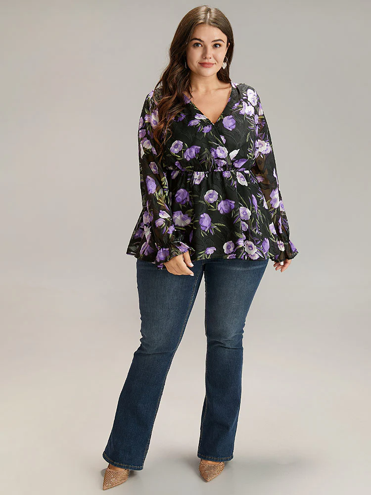 Chiffon Floral Mesh Wrap Ruffle Hem Blouse - Image 4