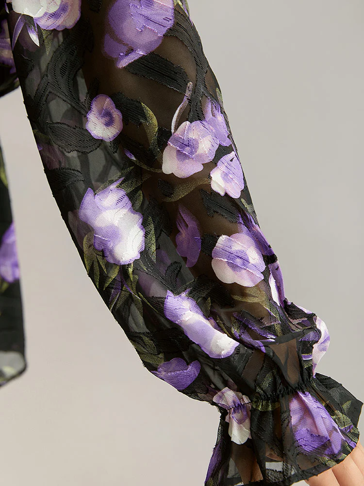Chiffon Floral Mesh Wrap Ruffle Hem Blouse - Image 6