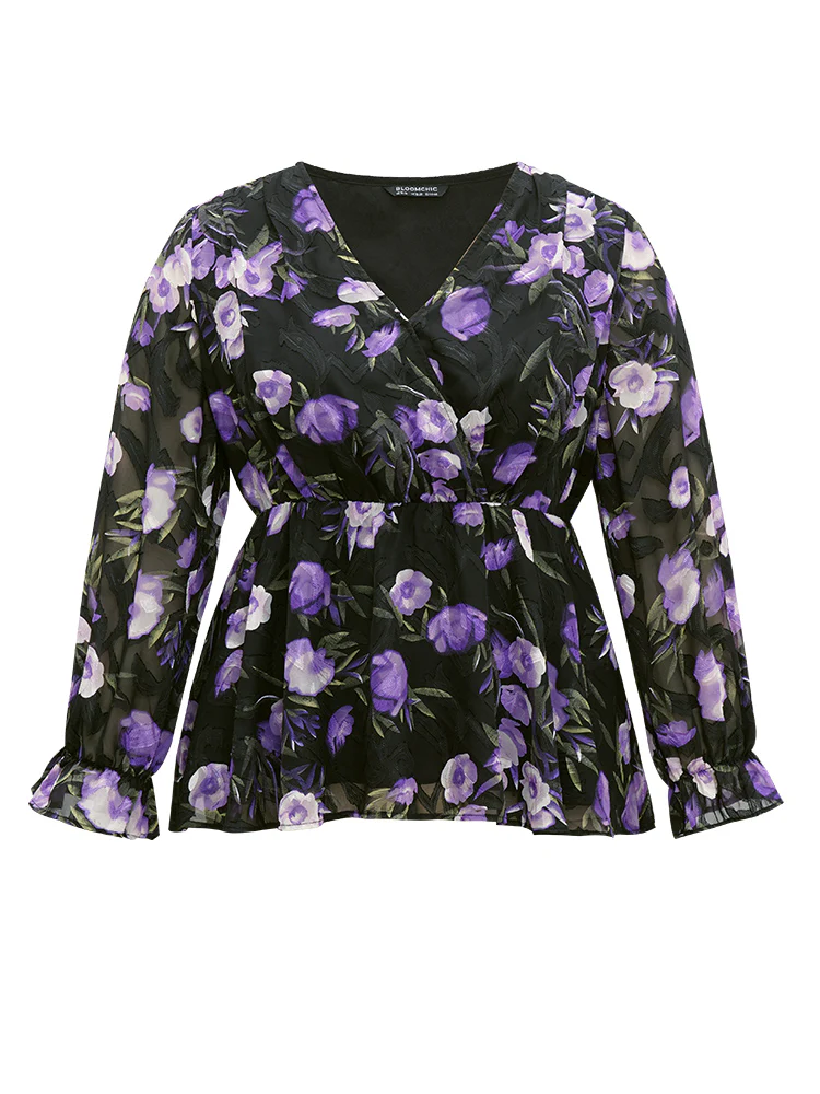 Chiffon Floral Mesh Wrap Ruffle Hem Blouse - Image 7