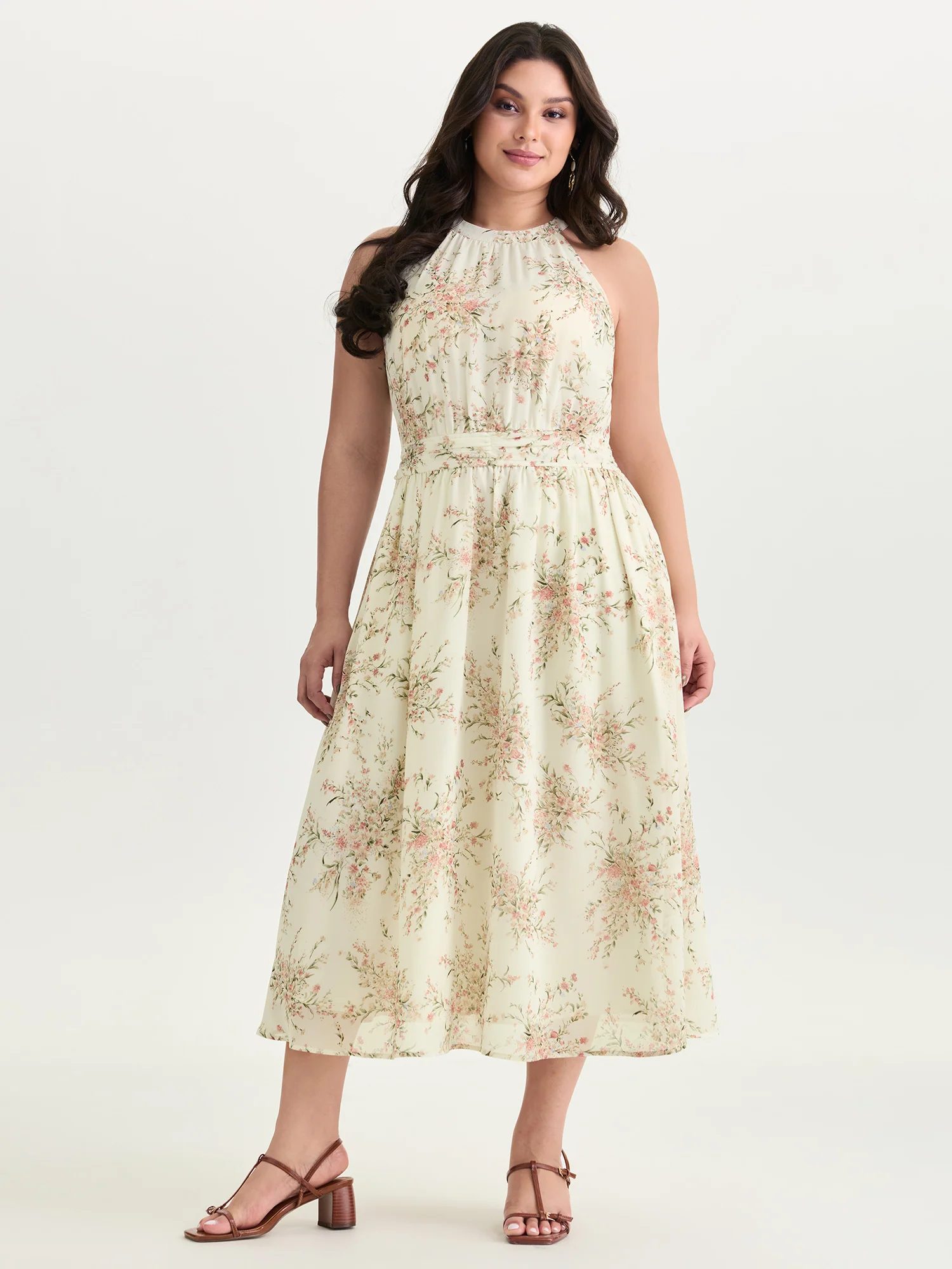 Floral Mix Halter Neckline Shirred Maxi Dress - Image 3