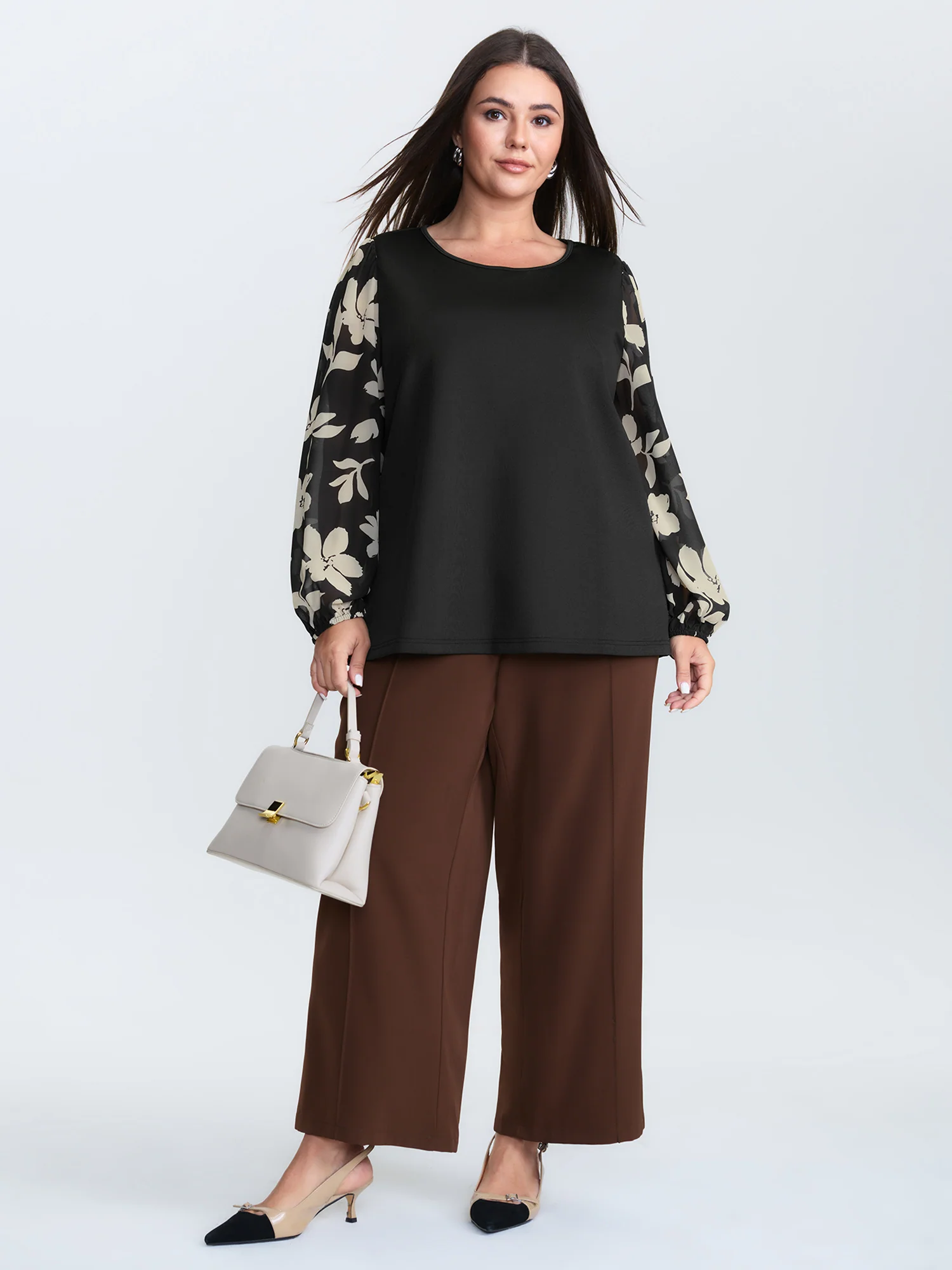 Floral Monochrome Print Round Neck Blouse - Image 3
