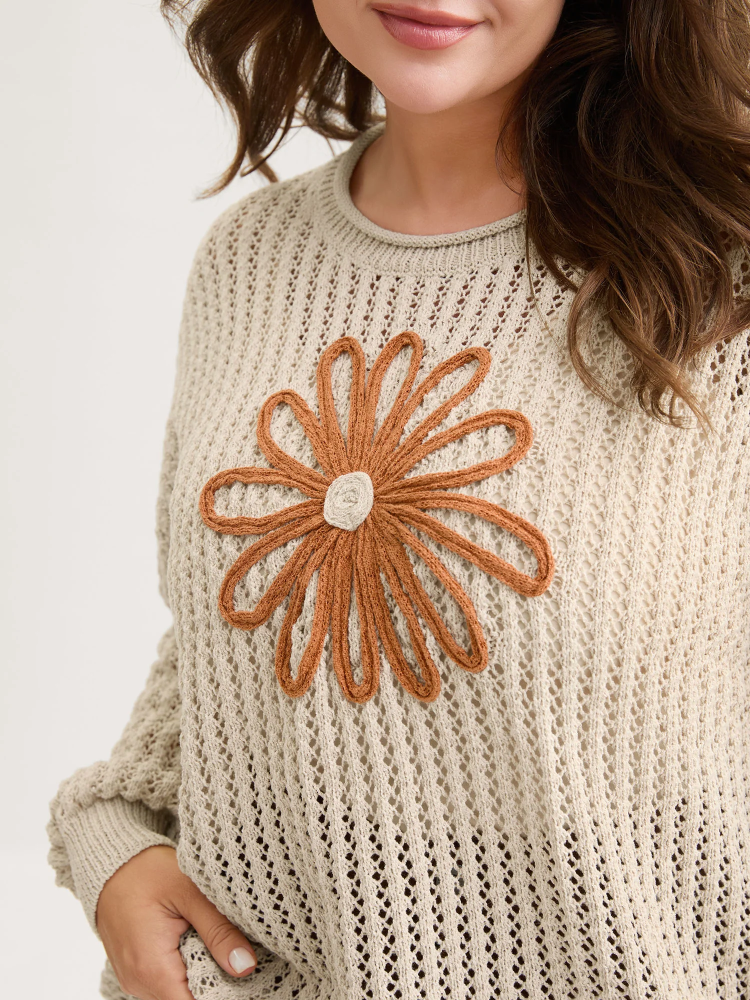 Floral Motif Cut-Out Textured Pullover - Image 2