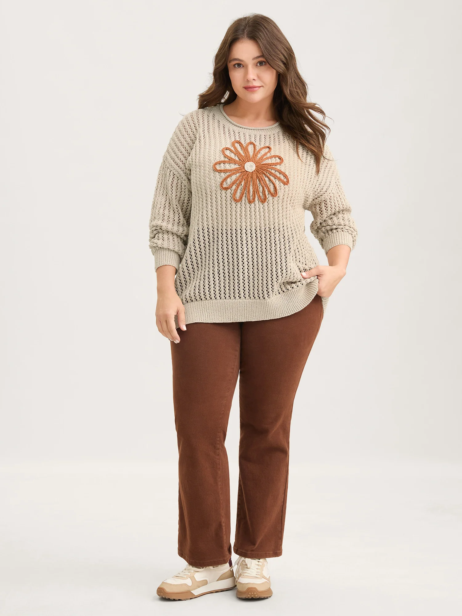 Floral Motif Cut-Out Textured Pullover - Image 3